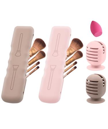 4Pack Makeup Brush Sponge Holder Silicone Makeup Brush Covers Bag Travel Beauty Blender Holders Suctioned Drying Stand Magnetic Makeup Brushes Case Organizer for Traveling Cute Portable-Pink Khaki