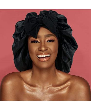 Satin Hair Bonnet for Women - Black Silk Shower Cap for Sleeping & Curly Hair Protection - Buy Online on GoSupps.com