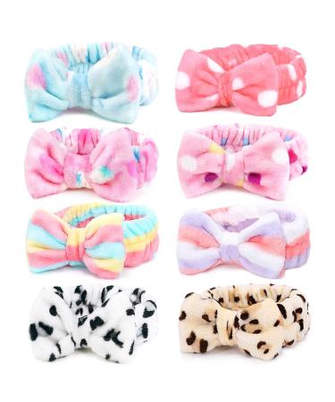 Spa Headbands  Coral Fleece Makeup Headband Cosmetic Headband  Lovely Face Washing Headband Shower Headbands Headwraps  Soft Bowknot Spa Hair Band Spa Birthday Party Supplies for Girls Women 8PCS (Bow Hair Band-D)