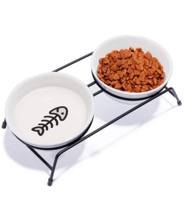 Cat Food Bowls Set, Upgraded 13 oz Ceramic Raised Cat Bowls for Food and Water, 2 Pet Dishes Bowl with Stainless Steel Stand Non-Slip and Anti-Rust, for Cats and Puppy Bowl, Dishwasher Safe A. 2 bowls - Ceramic White