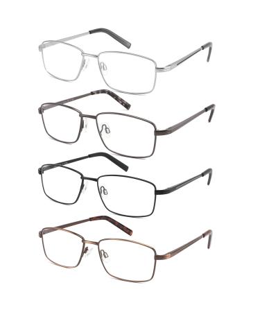 4 Pack Reading Glasses for Men Computer Readers with Spring Hinge Anti UV Ray/Eye Strain/Glare Metal Frame Eyeglasses with Pouches(200 Magnification Strength) Silver Gun Black Brown 2.0x