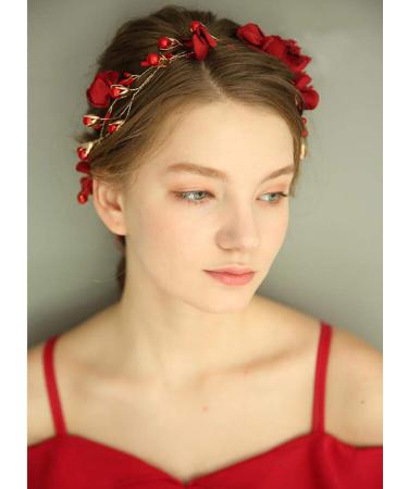 Floral Red Headband Crystal Gold Hair Vine for Wedding Bride - Boho Hair Accessory with Pearl Rhinestone Detailing - Buy Online on GoSupps.com