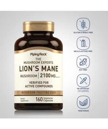 Piping Rock Lions Mane Mushroom Supplement Capsules | 2100mg | 160 Pills | Extract for Women and Men | Vegetarian Non GMO & Gluten Free - Buy Online on GoSupps.com