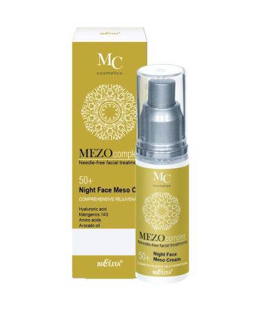 Bielita & Vitex MEZOcomplex Line Night Face Mezo Cream 50+ Complex Rejuvenation for All Skin Types 50 ml with Hyaluronic Acid Collagen Avocado Oil Cocoa Butter Amino Acid Cocktail Vitamins