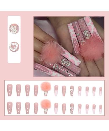 Justotry 24-Piece Pink Glitter Coffin Nails with Rhinestones - Ballerina Press-On Artificial Nails with Glue for Women - Buy Online on GoSupps.com