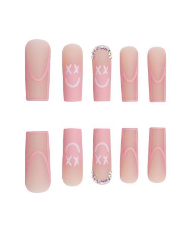 Arichwhoo Press on nails Party Long square Fake Nails Smiling face Coffin glue on nails rhinestone Matte nails for Women&Girls (Pink) Pink smiley face