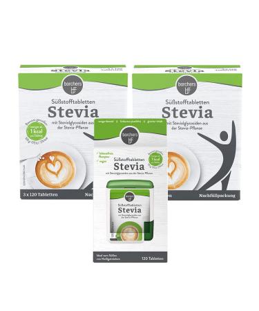 borchers Stevia sweetener tablets value pack | Sweetener | Sugar substitute | Tablet dispenser 120 tablets + 2 x refill pack
