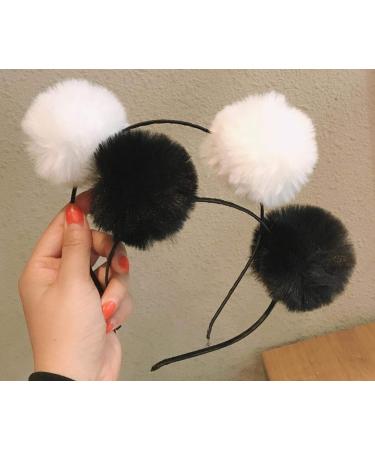 UPSTORE 3PCS Fluffy Pom Ball Headbands with Panda Ears Hair Accessories for Party Costume - Black, White, Pink - Buy Online on GoSupps.com