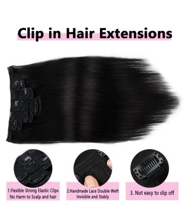 Liwihas 16 Silky Straight Clip in Human Hair Extensions for Women - Natural Black Remy Hair, Double Weft, 90g 7pcs with 16 clips - 1B - Buy Online on GoSupps.com