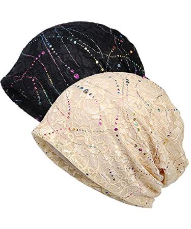 Womens Cotton Beanie Lace Turban Soft Sleep Cap Chemo Hats Fashion Slouchy Hat 2pack Black+beige Lace