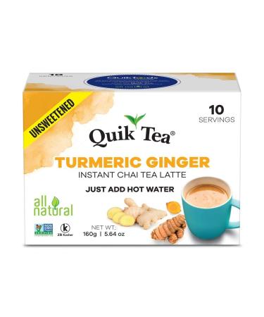 QuikTea Unsweetened Turmeric Ginger Chai Tea Latte - 10 Count Single Box - All Natural Preservative Free Authentic Instant Chai from Assam