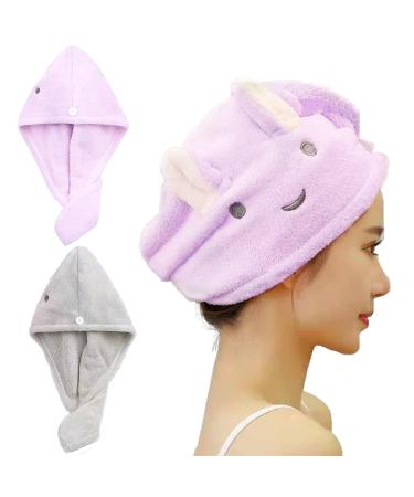 Microfiber hair towels super absorbent hair drying towel turban for women and girls fast magical hair dryer hat hair towel windscreen bathing cap 2 packs (purple + gray-green) violet and gray-green