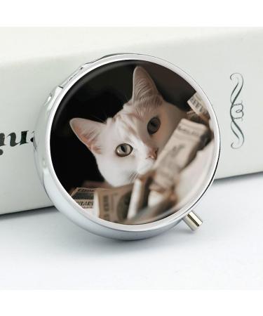 Round Travel Pill Box - 3 Compartment White Cat & Dollar Design - Portable Medicine Organizer for Purse & Pocket - Buy Online on GoSupps.com