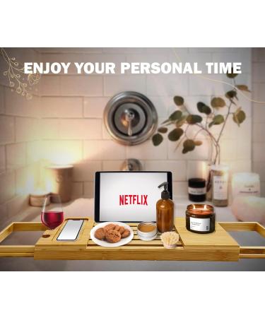 Luxury Bamboo Wooden Bathtub Tray Caddy - Adjustable Expandable Design with iPad/Book Holder - Fits Most Jacuzzis & Tubs - Great Gift Idea - 1 Pack - Buy Online on GoSupps.com
