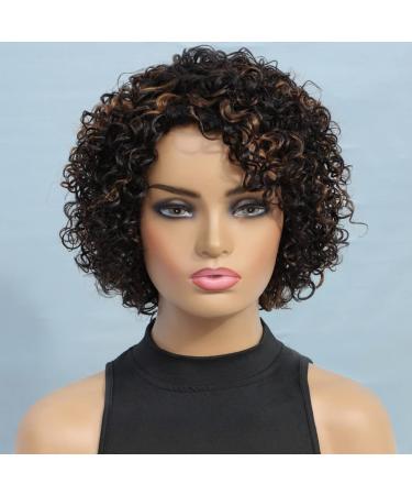 UDU Ombre Short Curly Human Hair Wigs For Black Women Short Curly Wigs Human Hair Highlighted Piano Color Side Part Wigs For Older Women (P1B/30) P 1B/30