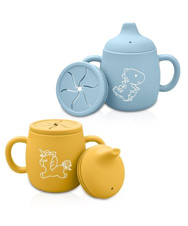 TQONEP Silicone Sippy Toddler Cup with Snack Lids 9oz Kids Silicone Training Cup Spill Leakproof Lid & Snack Lids Double Handle BPA-Free Applicable for Baby 6 Months + (Yellow Unicorn + Blue Dinosaur)