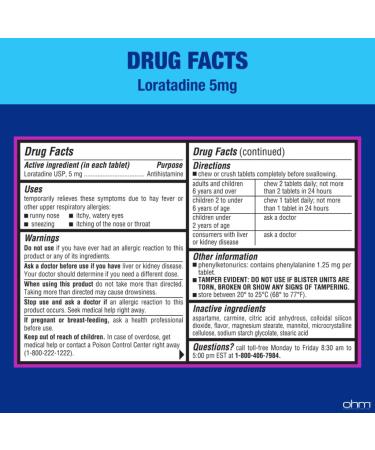 Ohm Children's Allergy Medicine Loratadine 5mg Chewable Tablets (30 Count) Grape Flavor Non-Drowsy Antihistamine 24-Hour Allergy Relief for Runny Nose Watery Eyes Itchy Throat & Nose 30 Count 30 - Buy Online on GoSupps.com