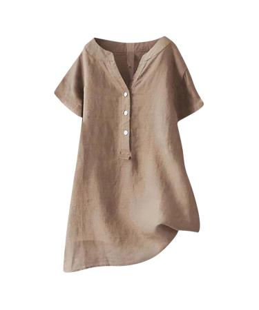 Women's Summer Linen Loose Fit Blouse Button Up Tops Ladies Trendy T-Shirt Casual Party Evening Wedding Long Sleeve Tunic Top V-Neck Oversized Tee Shirt 78-qppoj-e-khaki M