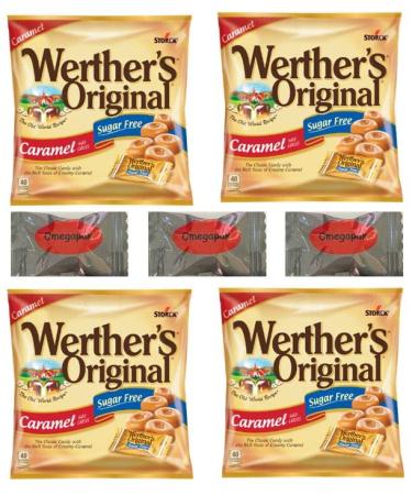 Werther's Original Sugar-Free Caramel Hard Candy Individually Wrapped with Omegapak Starlight Mints, Sugarless Fresh Keto Hard Candy, Bundle of 4 Bags, 1.46 Oz. Each Caramel 1.46 Ounce (Pack of 4)