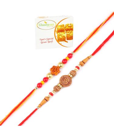 Ghasitaram Gifts Rakhi for Brother Rakhis Online - Set of 2-6074 and 6325 Om Rakhi Threads with 400 GMS of Besan Barfi