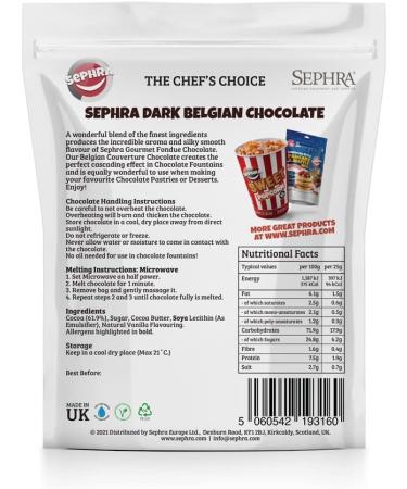 Sephra Belgian Couverture Chocolate Callets/Drops/Chips for Fountains Melting Baking Fondue Chocolate Making Pastries and Desserts - Gluten Free and Halal (Dark 250g) 250 g - Buy Online on GoSupps.com