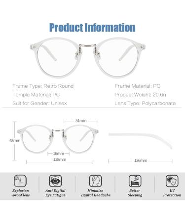 Cyxus Blue Light Filter Glasses for Men & Women - Fashion Round Anti-UV 400 Retro Frames for Computer & Gaming - Model 8065 Clear - Buy Online on GoSupps.com