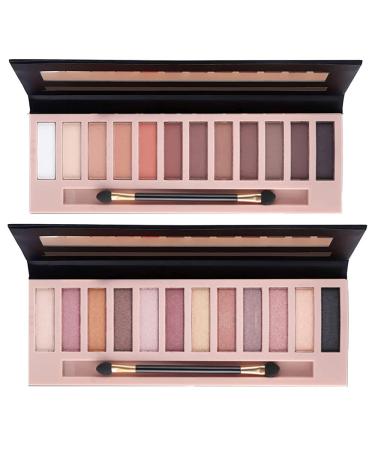 2Pcs Pro 12 Colors Matte + Shimmer Nude Naked Eyeshadow Palette Natural Velvet Texture Pigmented Blendable Diamond Smokey Eye Shadow Pallet Kit with Brush (Natural)