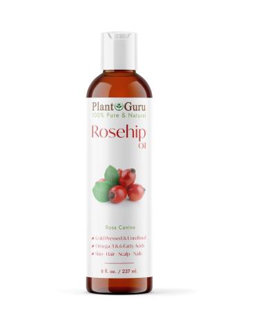 Plant Guru Rosehip Oil Unrefined 8 fl. oz. 100% Pure Cold Pressed Nourishing for Skin Hair Scalp and Nails Hydrating Moisturizing and Rejuvenating.