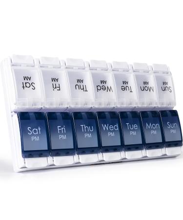 MERICARGO Am Pm Pill Organizer 7 Day, 2 Times a Day Large Weekly Pill Box, Push Button Daily Pill Case for Vitamin, Fish Oil, Supplements Blue & White