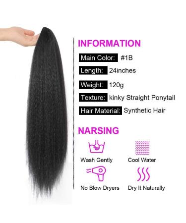 G&T Yaki Drawstring Ponytail with Bangs - 24 Inch Long Synthetic Hair Extension for Black Women - Clip in Ponytail for Daily Party Use (1B) - Buy Online on GoSupps.com