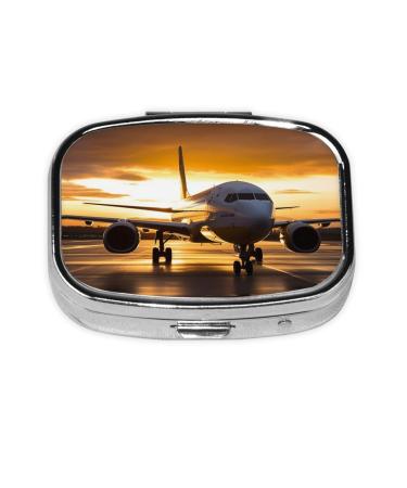 Airplane in The Evening Light Printing 2 Compartment Small Pill Case Cute Small Pill Box Purse Pill Boxs Travel Pill Organizer for Pocket Purse and Travel Gifts