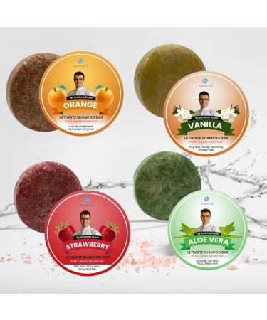 Pack of 4 Natural Shampoo Bars Orange Strawberry Vanilla Aloe Vera Organic Vegan Sulfate-Free Eco-Friendly Hydrating Nourishing Anti-Dandruff Long-Lasting