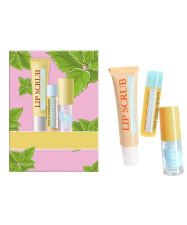 Lip Balm Scrubs Plumping Oil 3-in-1 Lips Care Set | Exfoliate Hydrate & Heal Cracks Effectively Moisturizes Lip Clear Repairs Dry Lips Skincare Gift Kit (PEPPERMINT)
