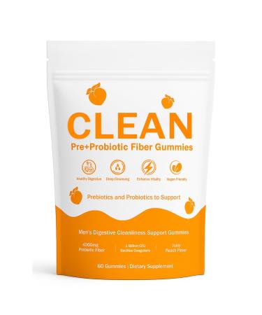 pucges Clean Prebiotic Fiber Gummies for Men Peach Flavor Pre+Probiotic Fiber Gummies Sugar-Free Gut Health Support Improve Digestion Men's Digestive Cleaning Support Gummy 60 Count (1)
