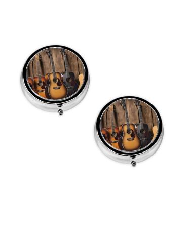 (Guitar Bass Music Musical Instruments) Round Pill Box 3 Compartment Pill Box Mini Decorative Pocket Purse Portable Travel Medicine Tablet Vitamin Holder Organizer Pill Case