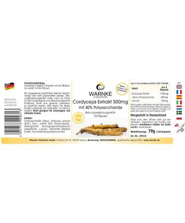 Cordyceps Sinensis 500mg - 120 capsules - vital mushroom extract - standardized to 40% polysaccharides - vegan | Warnke Vitalstoffe - Quality from German pharmacies - Buy Online on GoSupps.com