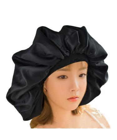 Extra Large Double Rubber Band Nightcap Stretchy Sleeping Cap Satin Silk Night Cap with Elastic Band for Sleep  Hair Loss  Hair Protection Head Cover Black B