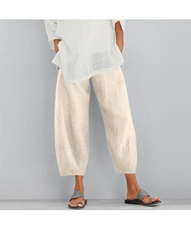 MALAIDOG Women's 2023 Linen Capri Pants - Beige-c Large | Trendy Solid Color High Waistband Yoga Trousers with Pockets - Buy Online on GoSupps.com