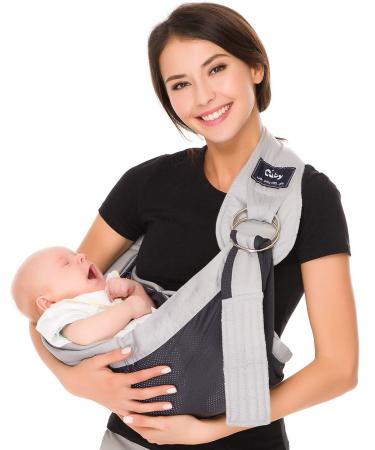 CUBY Portable Breathable Baby Wrap Sling Quick Dry Air 3D Mesh Fabric Newborn Baby Carrier Adjustable Double Ring Sling Easy Toddler Carrier for Newborn up to 0-24 Months 45 lbs Mesh Kangaroo Grey