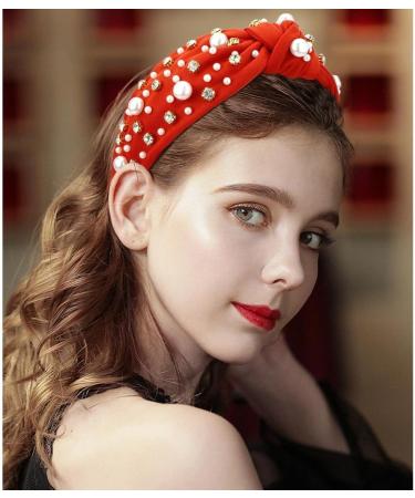 Knotted Headbands with White Pearl Rhinestone Fashion Elegant Ladies Wide Top Knot Hair Bands Rhinestone Hairband Wide Headband Hair Hoop for Woman Girl (Red) - Buy Online on GoSupps.com