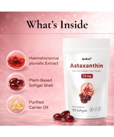Jpokox Astaxanthin | Astaxanthin Supplements | Astaxanthinn 12mg | Astaxanthinn Supplement for Men & Women | 150 Softgels - Buy Online on GoSupps.com