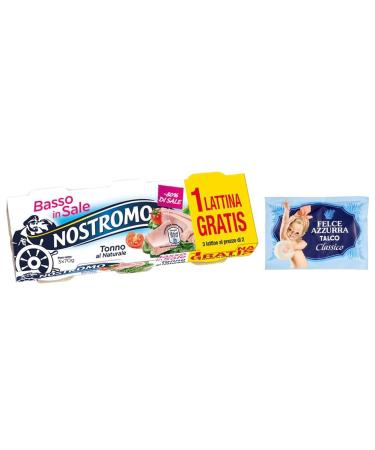 Nostromo Tonno al Naturale Basso Pack of 5 cans of low salt natural tuna, 3 cans of 70 g + 1 sachet of free Felce Azzurra talcum powder, sachet of 100 g