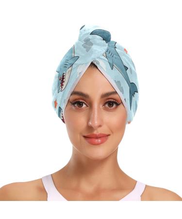 Blue Sharks Star Hair Towel 2 Pack Super Absorbent Hair Drying Towel Quick Dry Hair Turbans Head Towel with Button Twisty Wrap for Women Girls