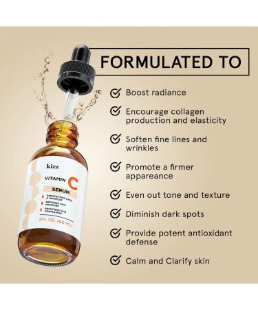KIZZ Vitamin C Serum with Hyaluronic Acid, Vitamin E, Aloe & Jojoba Oil - Brightens and Moisturizes Skin, Reduces Fine Lines and Wrinkles - 2 fl. Oz - Buy Online on GoSupps.com