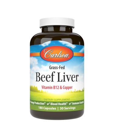 Carlson Grass-Fed Beef Liver with Iron & Copper Supports Blood Health & Energy Red Blood Cell Production 180 Capsules