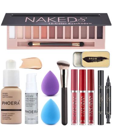 All in One Makeup Kit For Girls 12 Colors Nude Matte Eyeshadow Palette, Nude Foundation Face Primer, Makeup Brush, Makeup Sponge, Eyebrow Soap Kit, Lipstick Set, Winged Eyeliner Stamp Makeup Set (SetA)