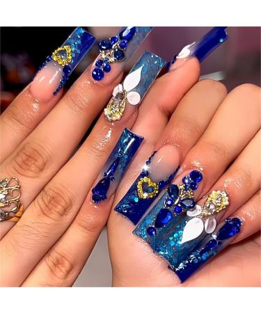 Royal Blue Press on Nails Long Length Square Shape Acrylic Fake Nails with Rhinestones Designs False Nails Mother'S Day Gift 24pcs 240412 royal blue 0.04 Fl Oz (Pack of 24)