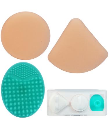 Sponge Powder Puff makeup&Silicone Face Scrubbers Exfoliator Brush Set Powder Puff Triangle/Round And Facial Cleansing Brush Suitable for adult facial cleansing And Wet Dry Makeup (Puff & Brush)
