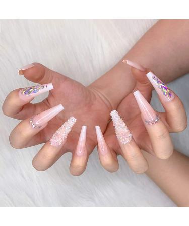 Artquee 24pcs French Nude White Ballerina Crystal Long Glossy Coffin Fake Nails - Z04 - Buy Online on GoSupps.com