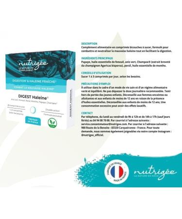 NUTRIG E Digest Haleine | Mauvaise Haleine & Digestion | Neutralise Odeurs Buccales & Gaz Intestinaux | Papaye Fenouil Menthe Anis Persil Champex | 28 Comprim s | Fabriqu en France - Buy Online on GoSupps.com
